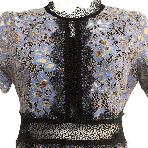 FEW MODA Floral Lace High Neck Short Dress M Demure Sweet Blue Silver Black - Picture 3 of 7